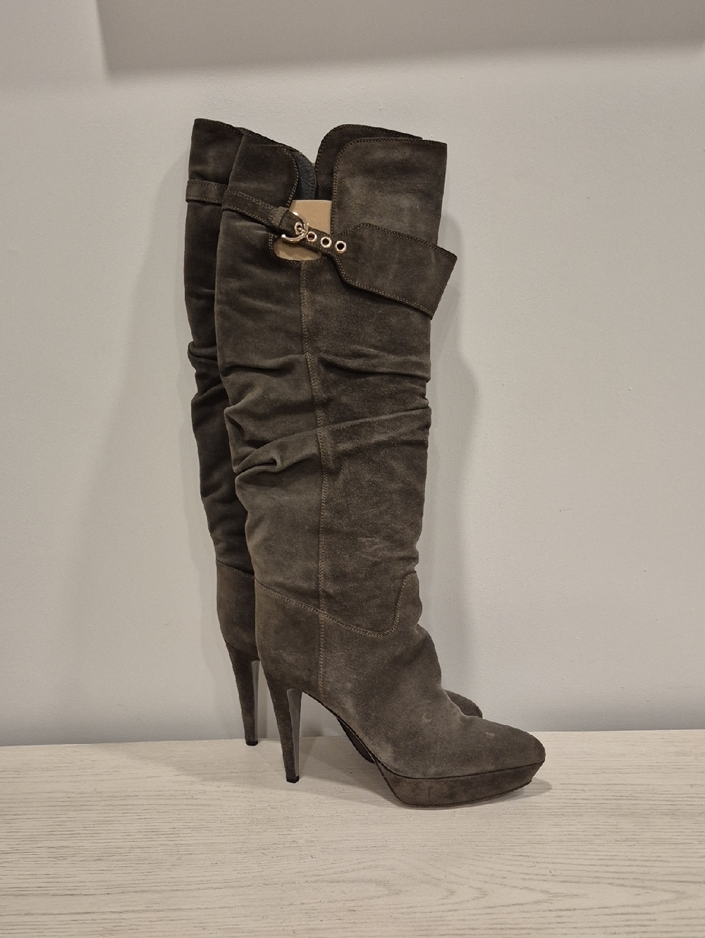 Sergio Rossi Military Green Suede Knee-High Platform Boots